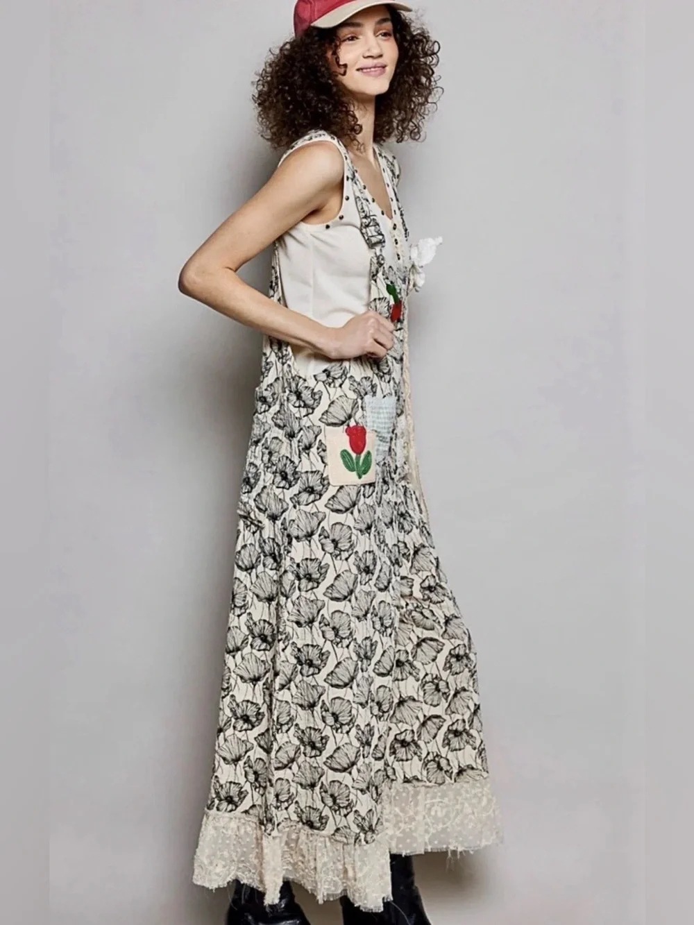H040 POL M pp21 Cream Floral Overlay Lace A Lot of Details Maxi Jumpsuit Pants - Picture 3 of 16